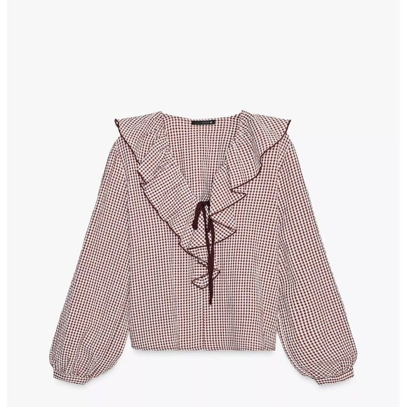 Zara Plaid Ruffle Bow Blouse – XL – NWT – Bordeaux/Ecru - Picture 2 of 4